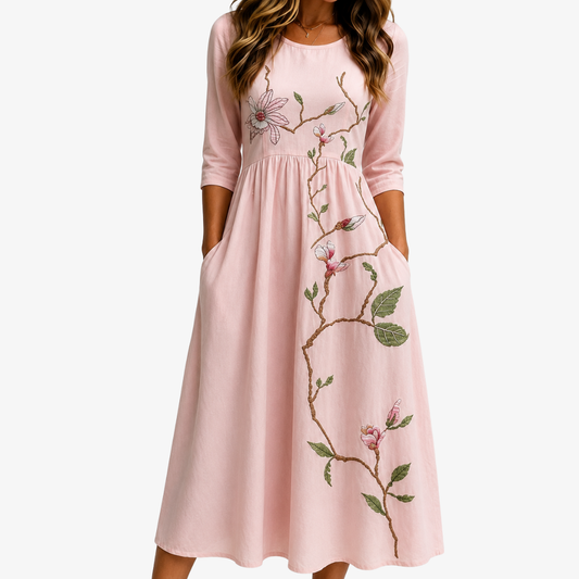חבצלת | שמלת מידי עם ענפי מגנוליה בגוון ורוד